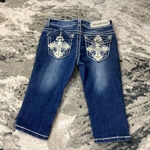 Miss Chic Capri Jeans Womens 1 Blue Straight Leg Denim Cotton Stretch Rhinestone